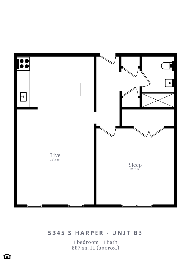Floor plan for 1 bed, 1 bath, 597 sqft